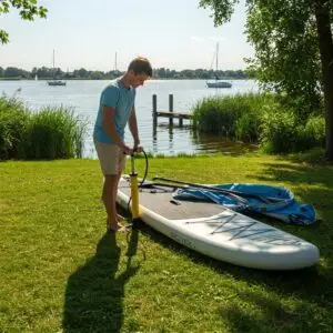 Jonge man in shorts is SUP board aan het oppompen