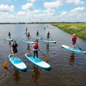 Groeps SUP les aan het eind van de middag, lichte schemering