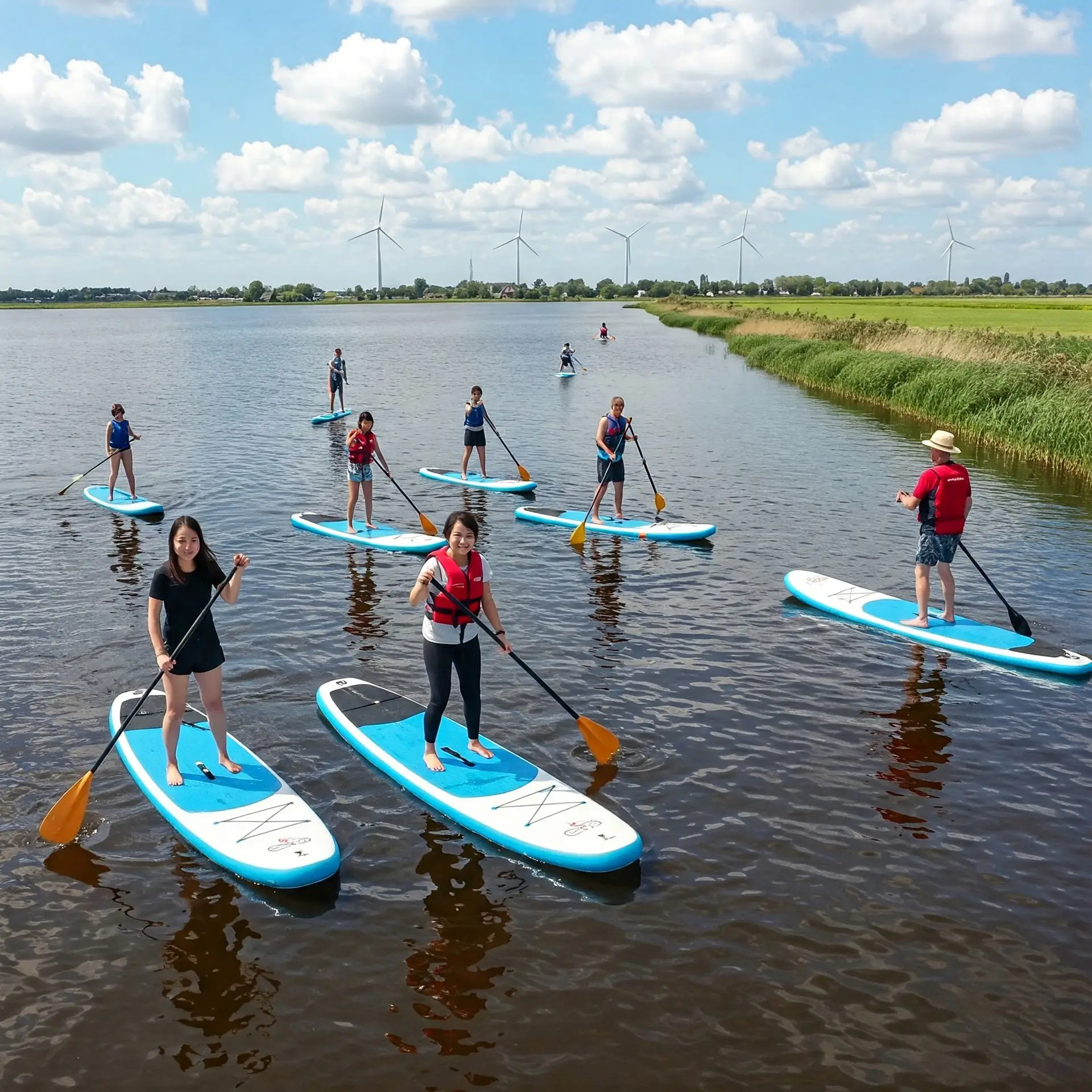 Groeps SUP les aan het eind van de middag, lichte schemering