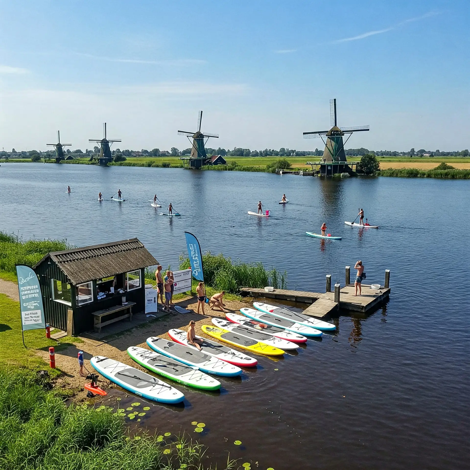 SUP verhuur bedrijf aan de plas met molens langs de oever