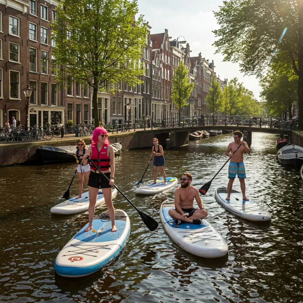 Groep is aan het SUPPEN op de Amsterdamse grachten