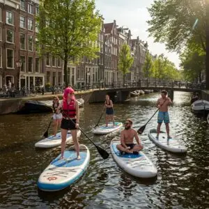 Groep is aan het SUPPEN op de Amsterdamse grachten