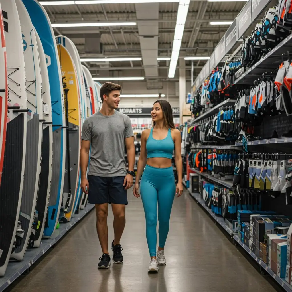 SUPPEN - Jonge sportieve man en vrouw in de SUP-board shop