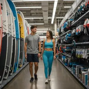 SUPPEN - Jonge sportieve man en vrouw in de SUP-board shop