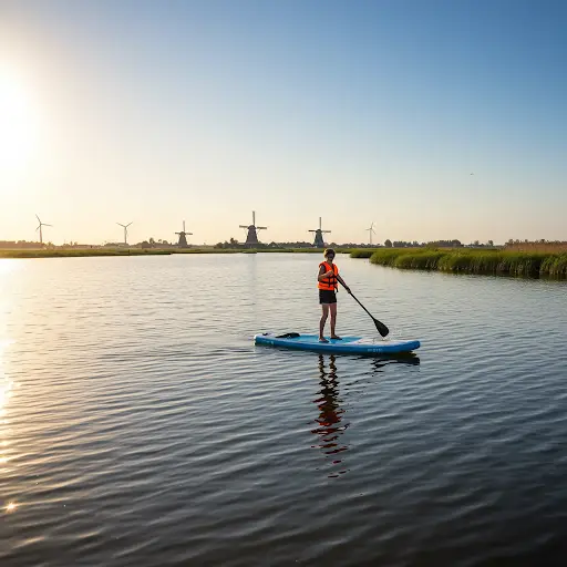 Man op een E-SUP board op de Rotte bij Bleiswijk